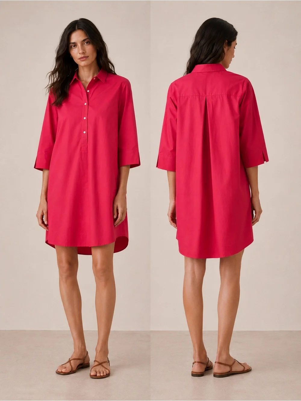 HINSON WU Button-Front Midi Shirt Dress in Bright Pink/Red